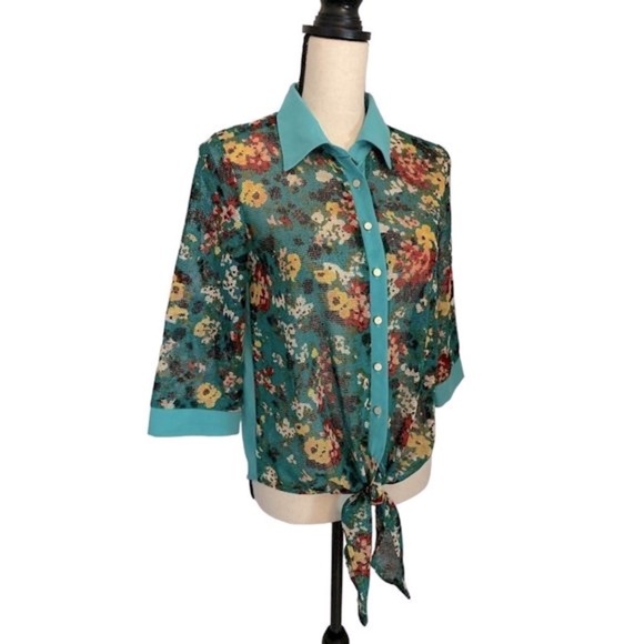 Western Top Button Up Turquoise Floral 3/4 Sleeve Open Back Beading Medium - Picture 3 of 7